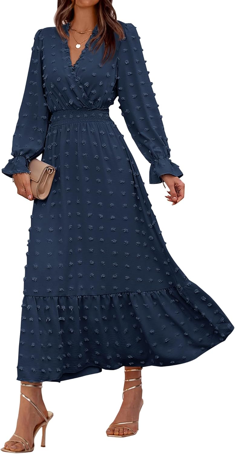 BTFBM Women Fall Maxi Dresses 2025 Long Sleeve V Neck Style