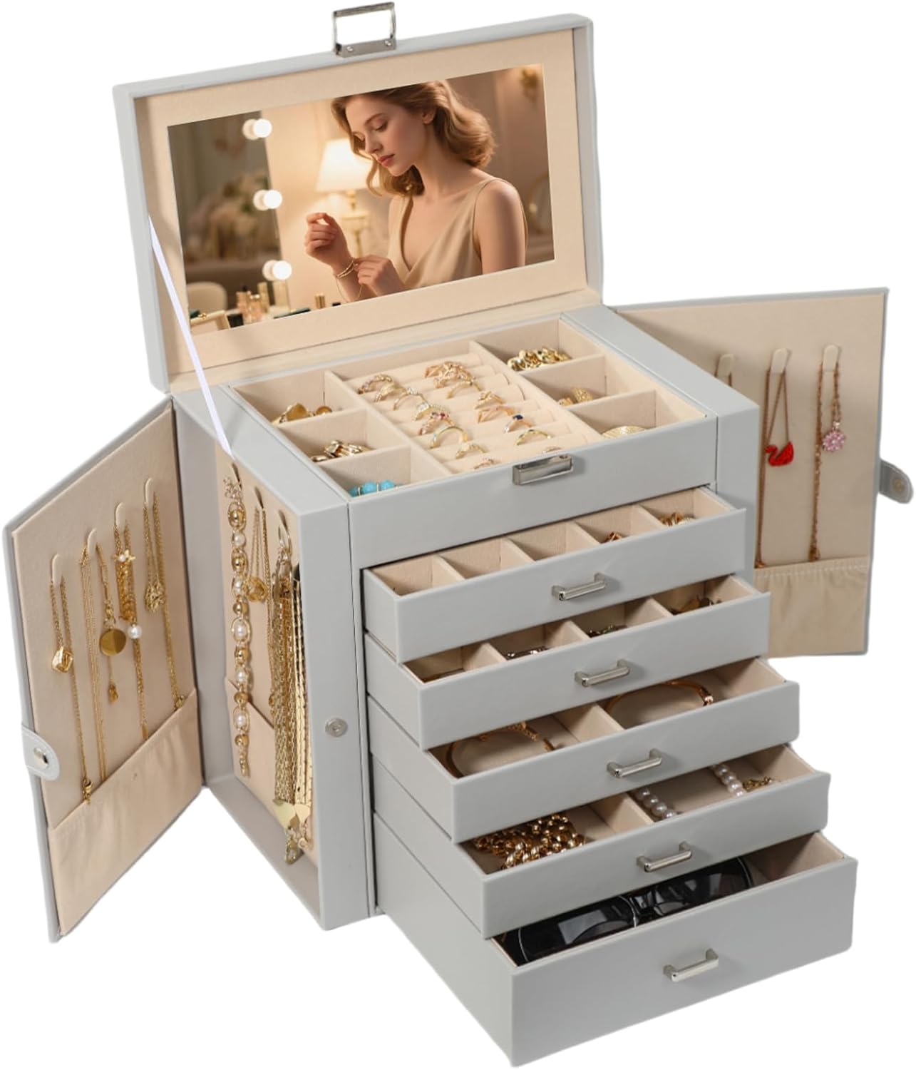 Elegant 6 Layer Jewelry Box Organizer with Mirror and Lock