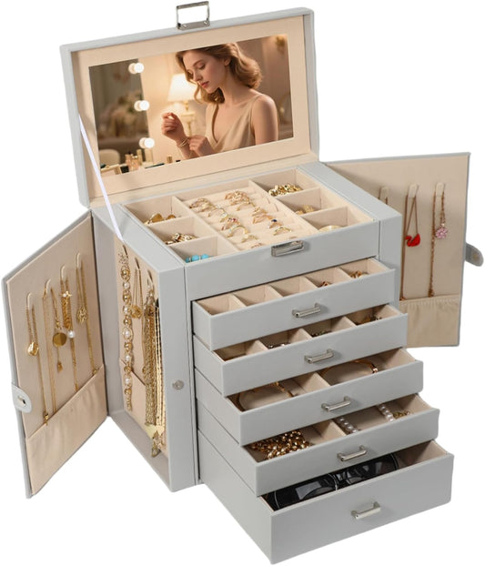 Elegant 6 Layer Jewelry Box Organizer with Mirror and Lock