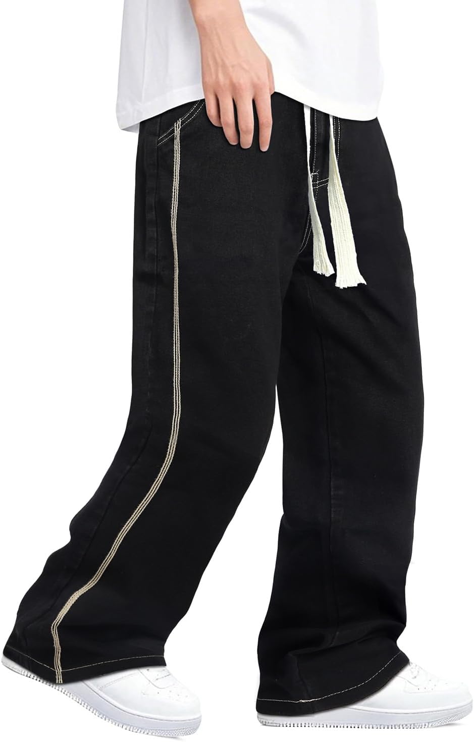 Mens Baggy Jeans with Elastic Waist and Drawstring for Comfort