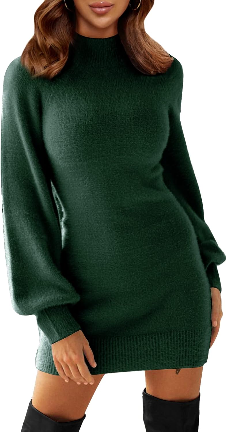 EXLURA Women's Mock Neck Ribbed Long Sleeve Bodycon Dress