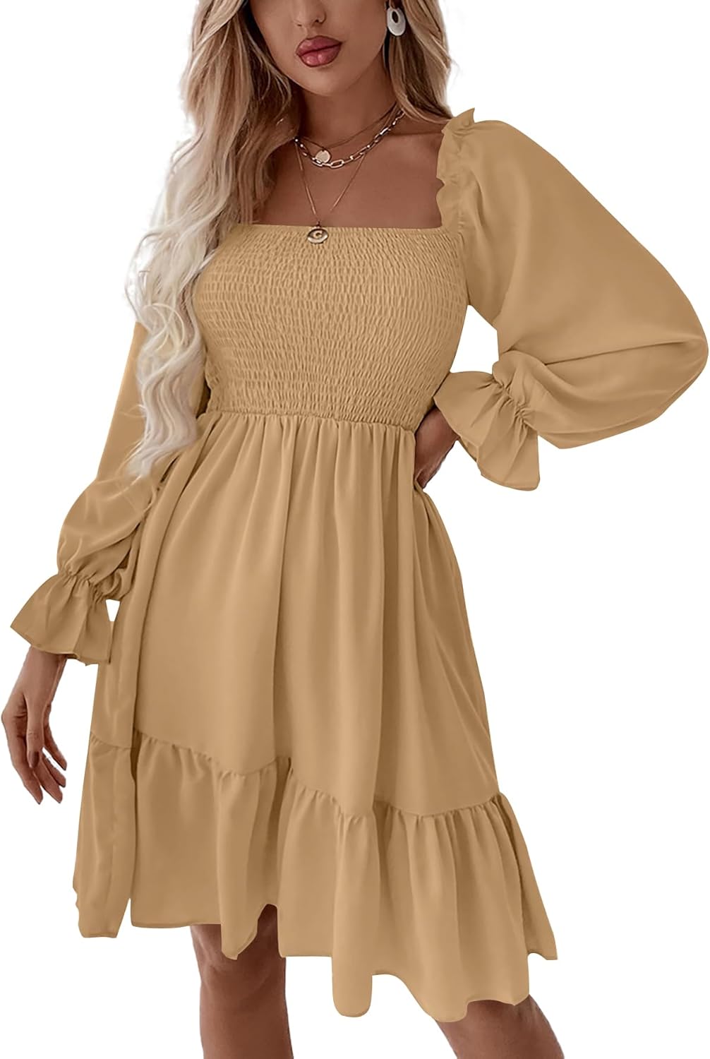 LYANER Women's Square Neck Lantern Sleeve Ruffle Mini Dress