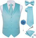 Mens Paisley Vest Tie Set with Lapel Pin and Tie Clip - Teal Satin