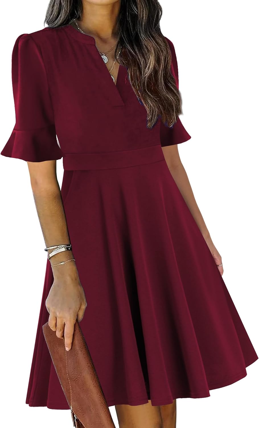 Mokayee Womens Summer V Neck Ruffle Short Sleeve Dress with Pockets