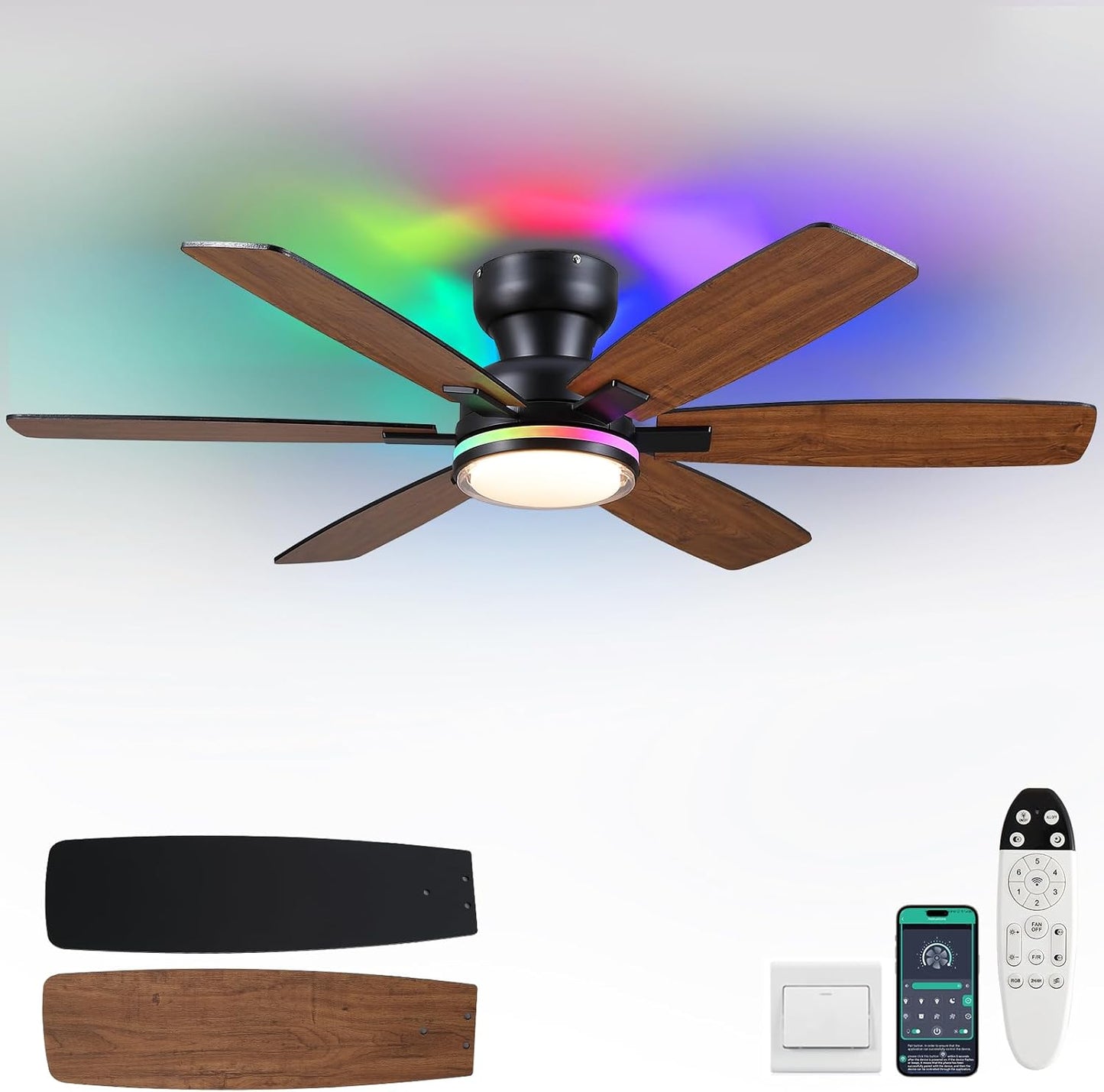 52 Inch Rustic Ceiling Fan with RGB Lights for Kidsroom