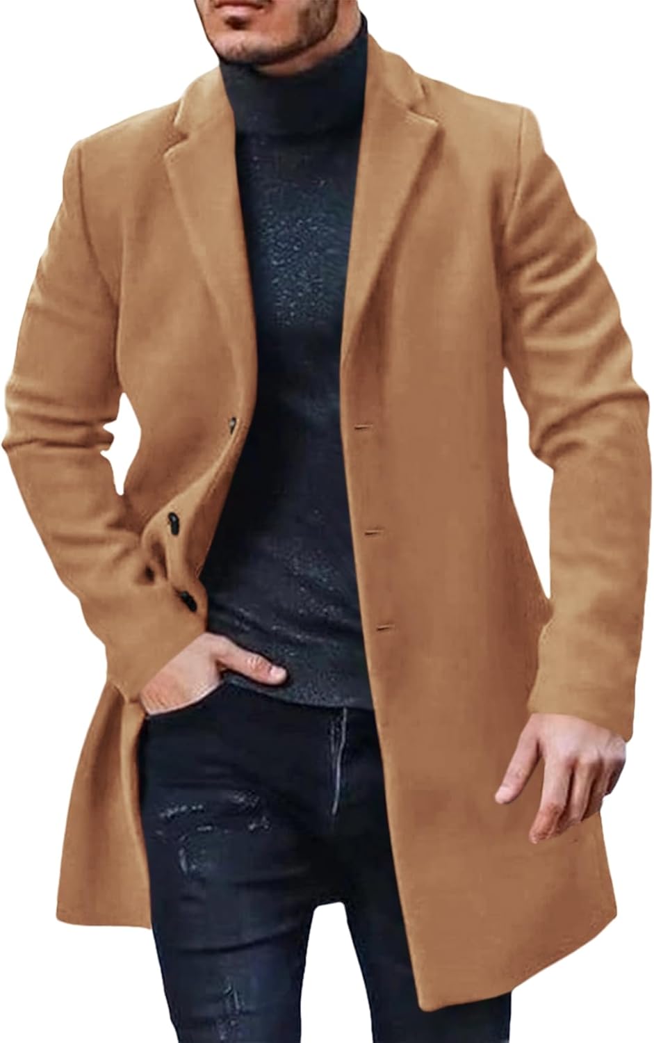 PASLTER Mens Trench Coat Slim Fit Notched Collar Overcoat