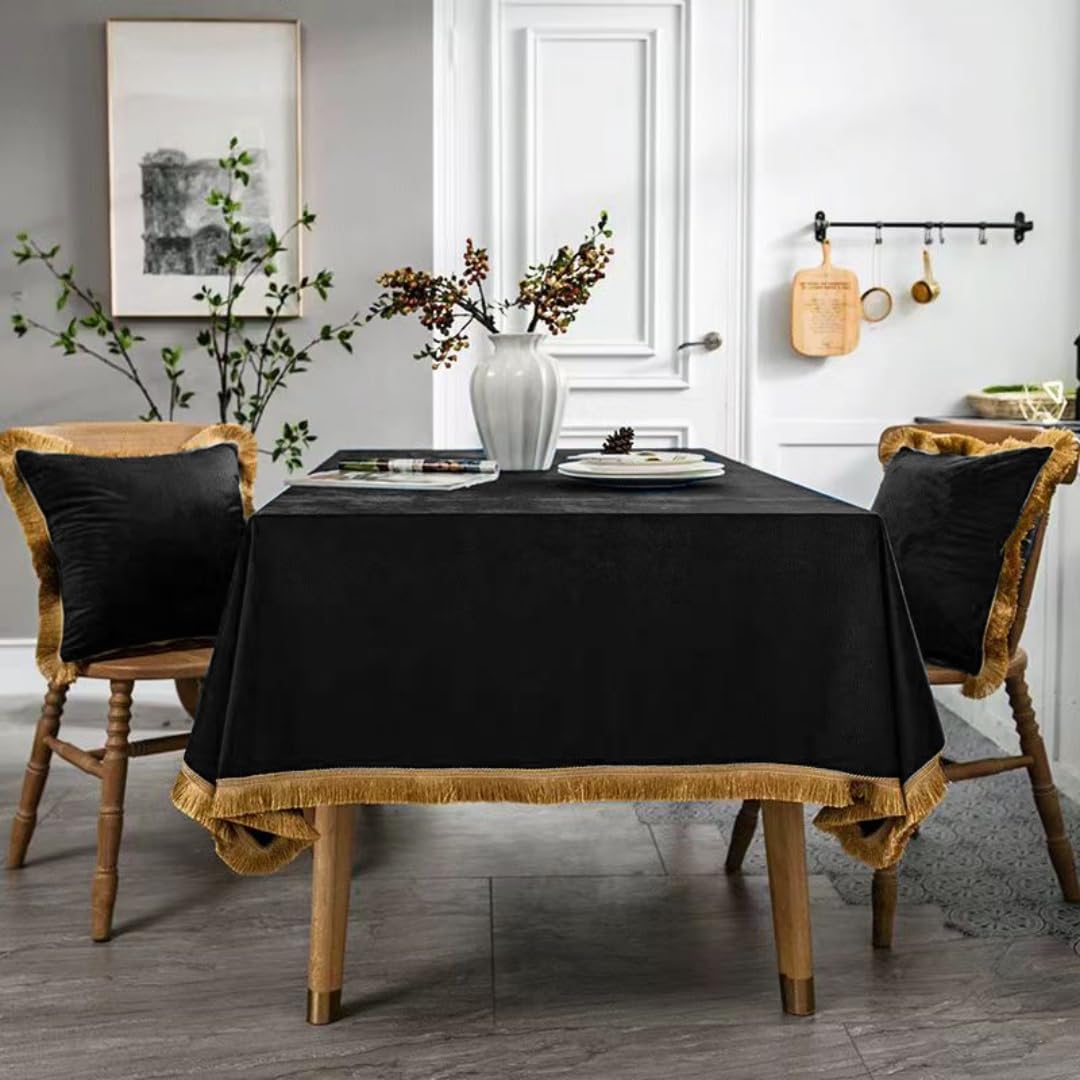 Luxurious Black Velvet Tablecloth with Gold Tassels for Events
