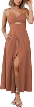 Spaghetti Strap Midi Dress with Cutout and Pockets - Flowy Summer
