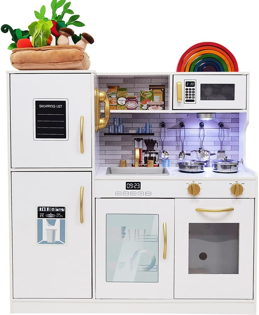 Wooden Play Kitchen Toy Set with Light for Kids Ages 3-8