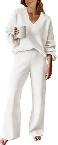 ANRABESS Women 2 Piece Cable Knit Sweater Lounge Set - Cozy Travel Fit