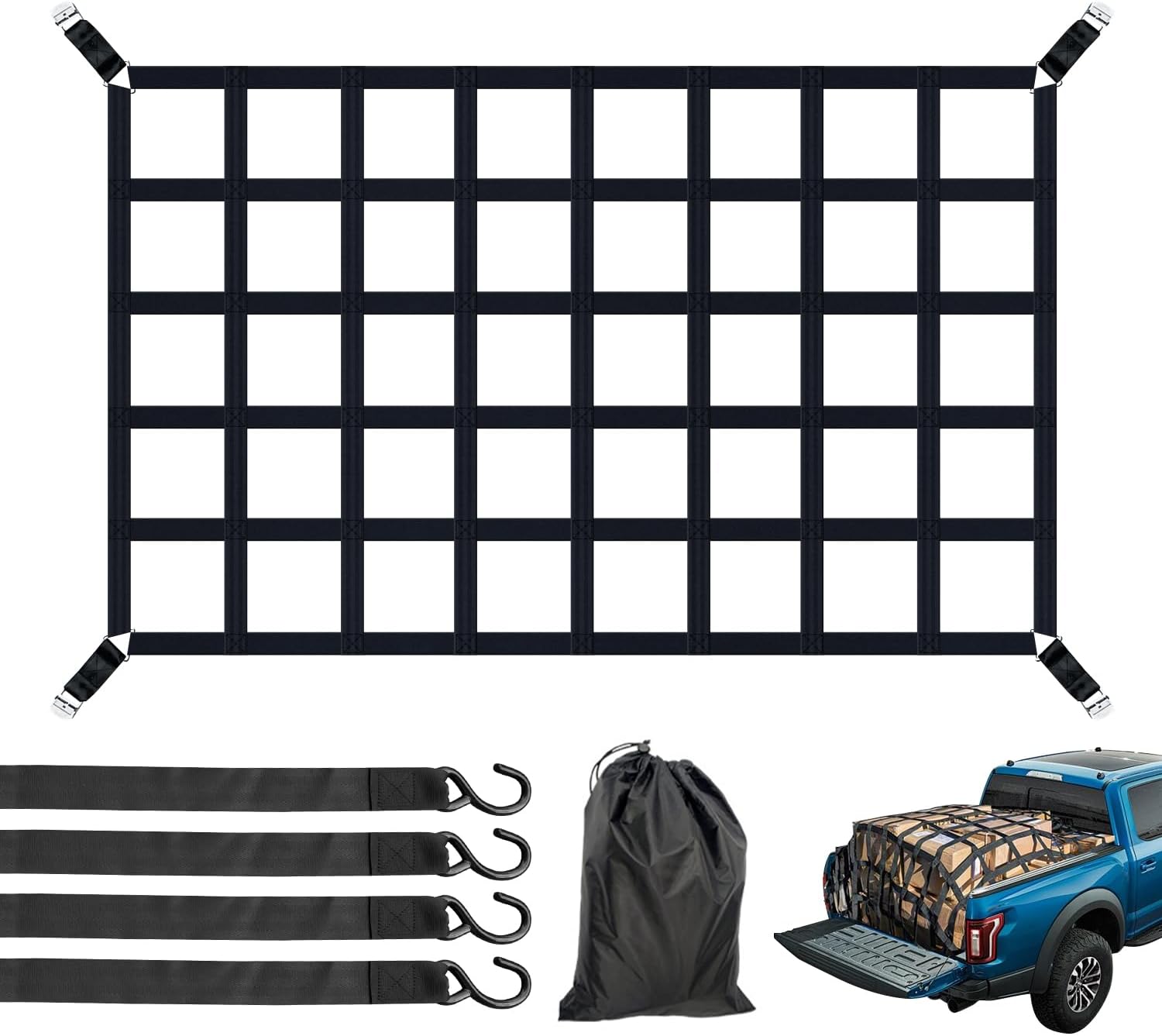 Heavy Duty Cargo Net for Pickup Truck Bed with 1100LBS Capacity