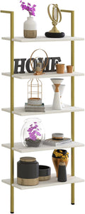 5 Tiers Ladder Shelf White Marble Modern Bookshelf - Tall Wall Mount