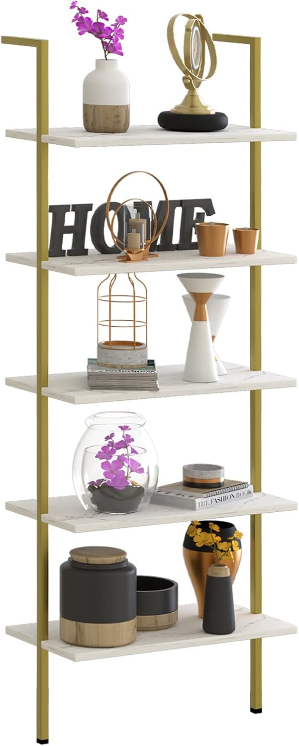 5 Tiers Ladder Shelf White Marble Modern Bookshelf for Small Spaces