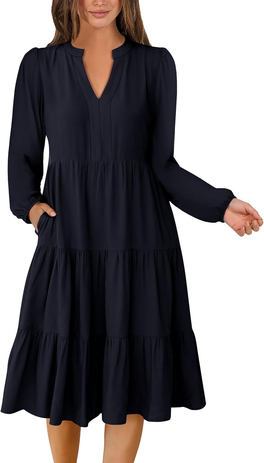 ANRABESS Long Sleeve Midi Dresses for Women V Neck Casual Style