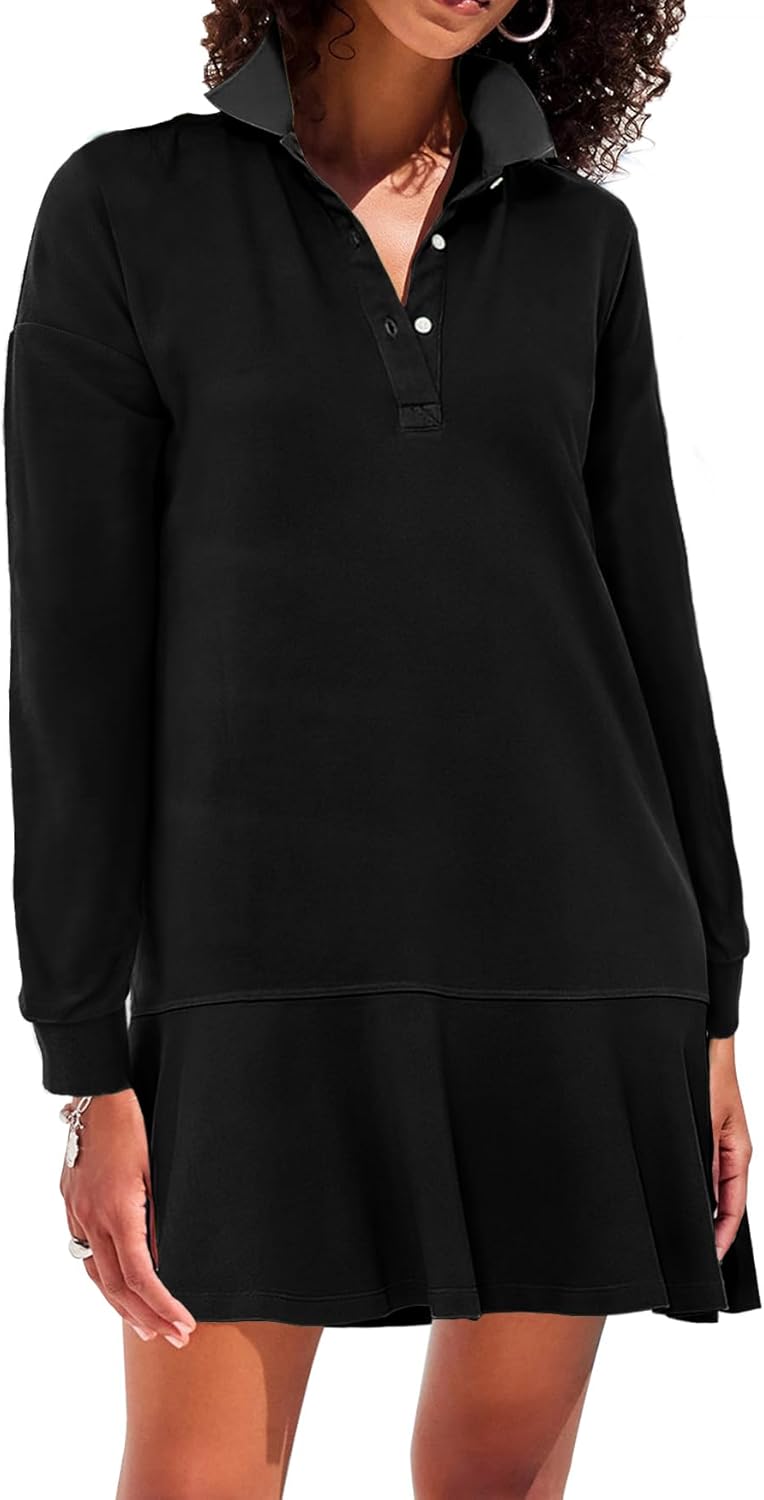 Women's Long Sleeve Polo Dress with Ruffle Hem for Fall Wear