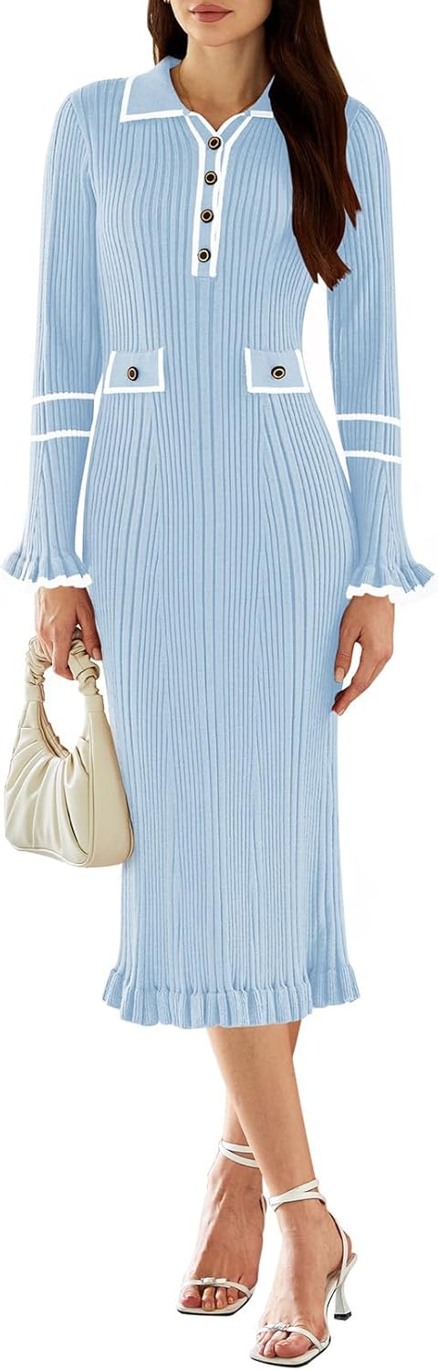 Pink Queen Women's V Neck Bodycon Sweater Dress for Fall Style