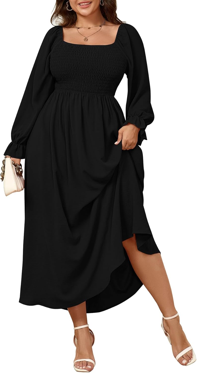 Plus Size Maxi Dress Long Sleeve Square Neck Smocked Flowy A-Line