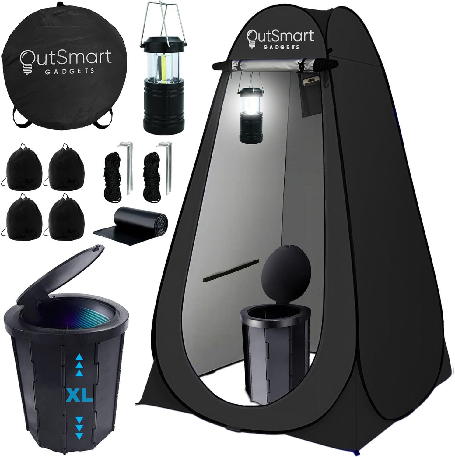 Outdoor Portable Toilet Set with Privacy Tent and Lantern