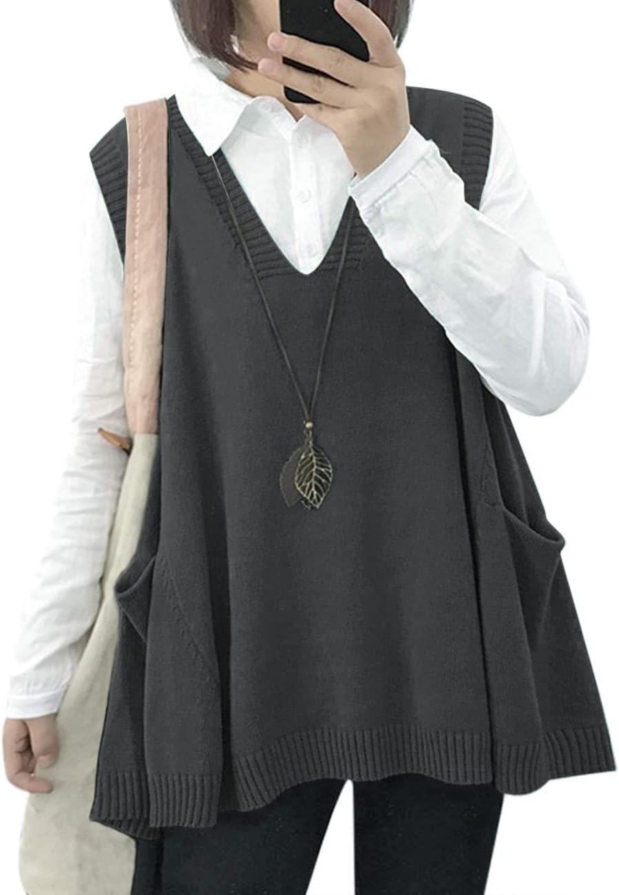 YESNO Oversized Cotton Sweater Vest for Women with Pockets