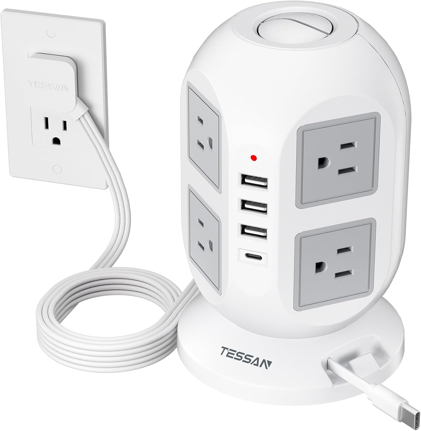 Tower Power Strip Surge Protector with USB Ports and 10 Ft Cord