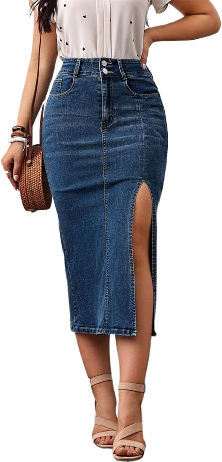 Women's Casual Slit Denim Midi Jean Skirt for Stylish Looks