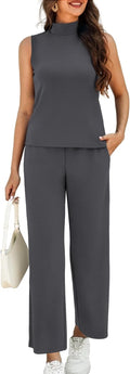 Women's Summer 2 Piece Outfits Mock Neck Tank Top Cropped Wide Leg can