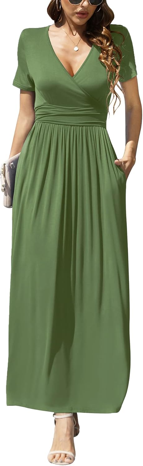 LILBETTER Women's Summer Short Sleeves Maxi Dress with Pockets