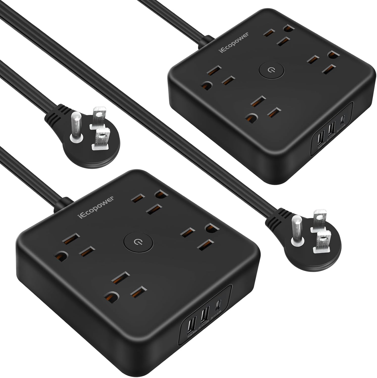 10ft Slim Surge Power Strip 4 Outlets, 3 USB, Fast Charging, Black, 2 Pack
