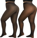 Plus Size Fleece Lined Tights Women 2 Pairs - Thermal Sheer Look
