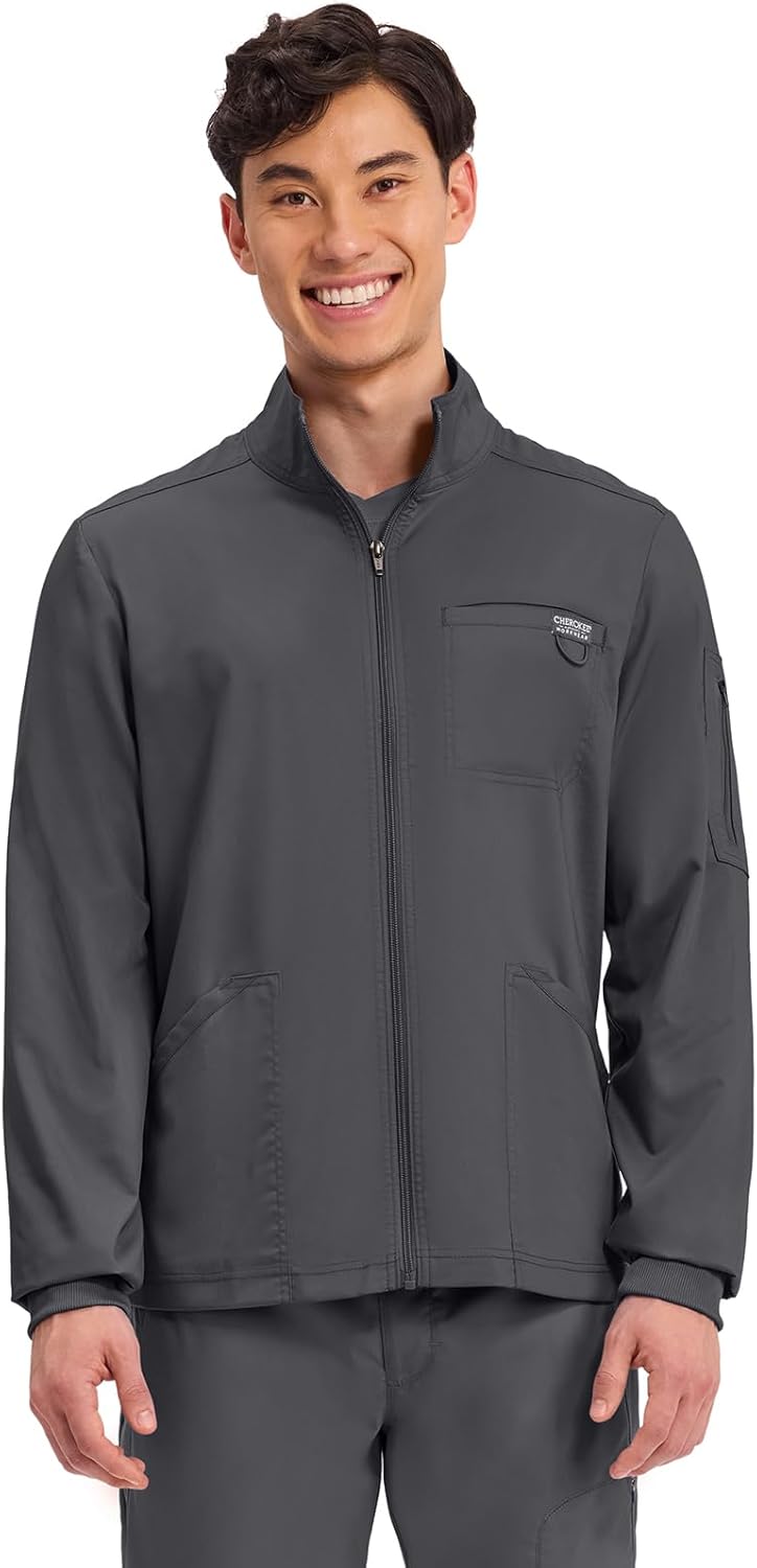 Cherokee Men's Zip Front Scrub Jacket with 5 Pockets and Comfort