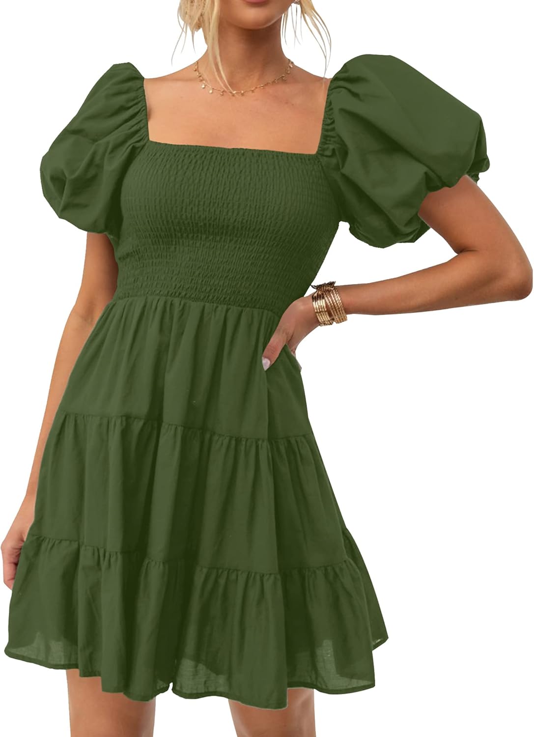 ZESICA Women's Boho Summer Square Neck Puff Sleeve Mini Dress