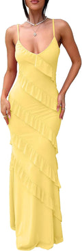 HOCILLE V Neck Backless Bodycon Spaghetti Strap Maxi Dress - Elegant