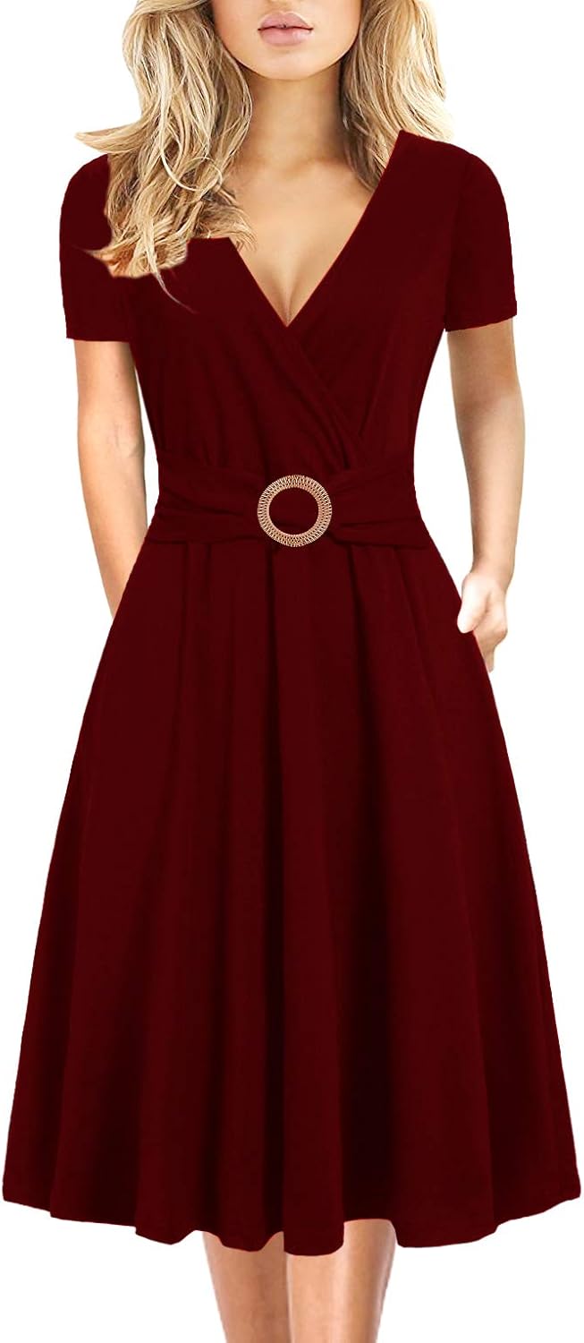 Elegant Criss-Cross V Neck Vintage Dress with Pockets for Women