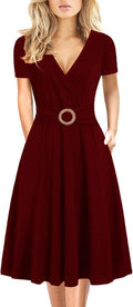 Women's Criss-Cross V Neck Fit and Flare Tea Dress - With Pockets