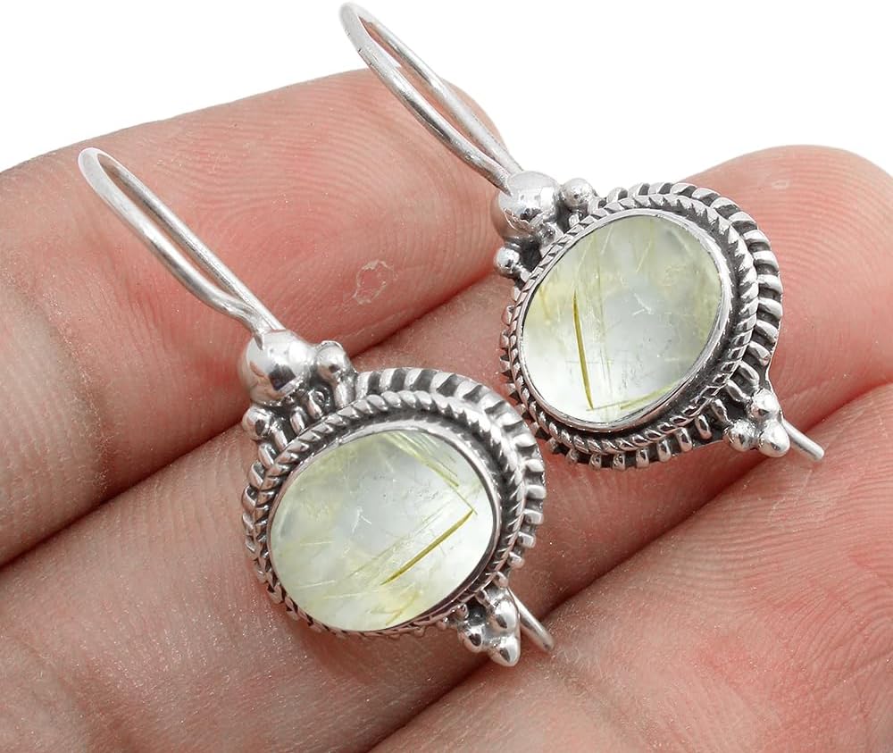 Solid 925 Sterling Silver Dangling Earrings with Natural Gemstone