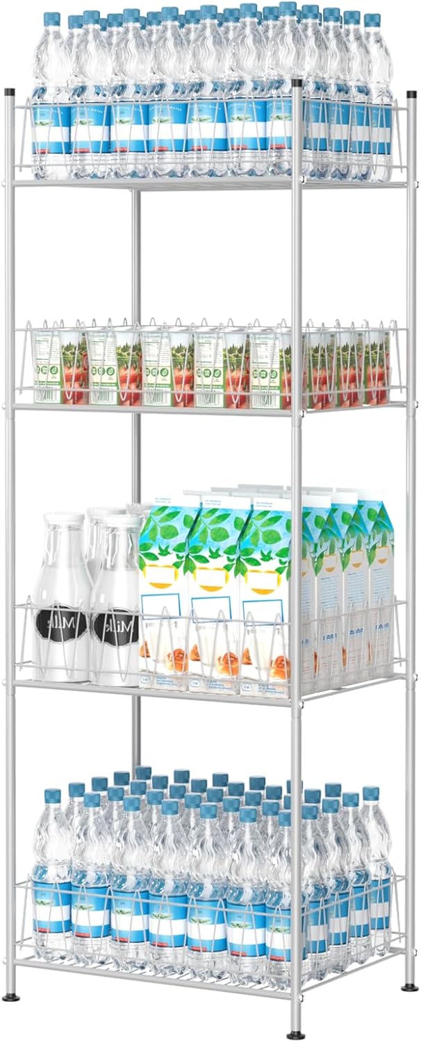 4 Tier Water Bottle Storage Rack for Organized Beverage Pantry