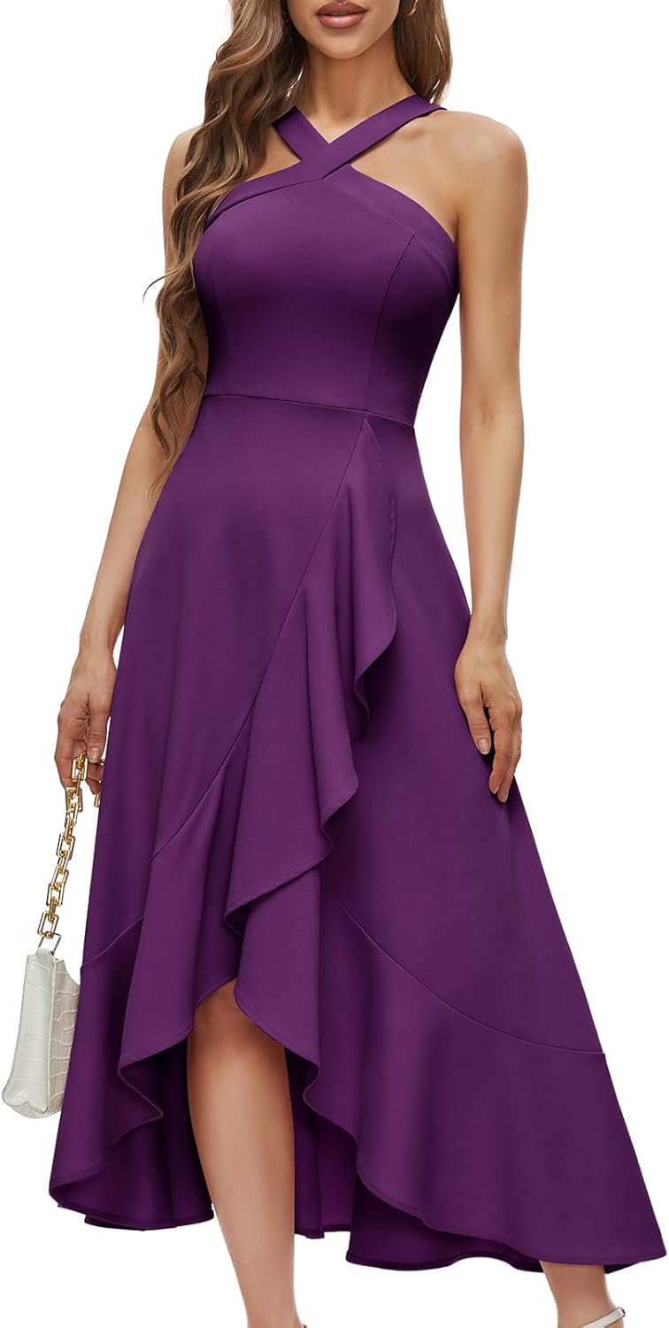 Halter Cocktail Dress for Women: Ruffled Maxi Evening Party Dress
