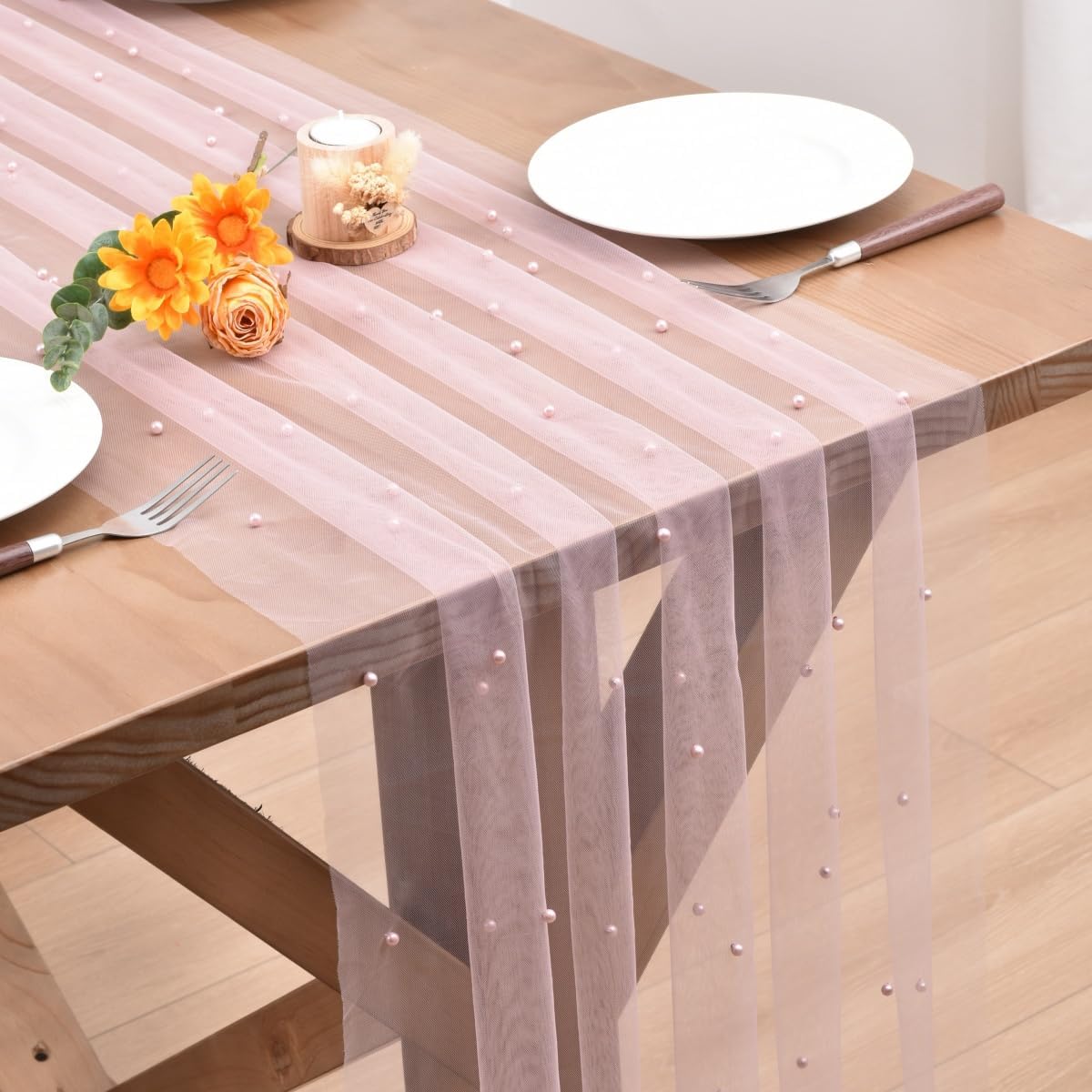Blushing Pink Pearl Table Runner for Rustic Fall Decor