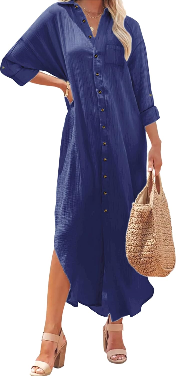 Kuraki Women's Casual Print Maxi Shirt Dress for Effortless Style