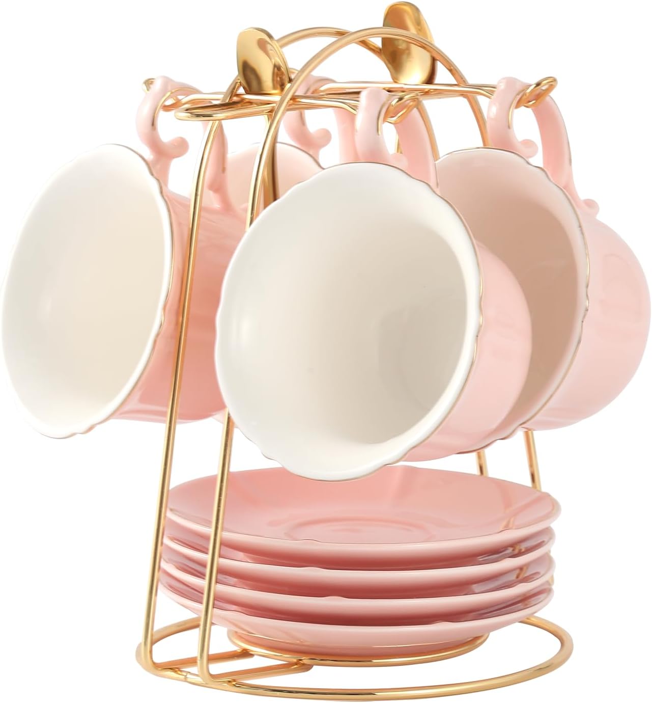DUJUST Candy Pink Tea Cups and Saucers Set with Golden Trim