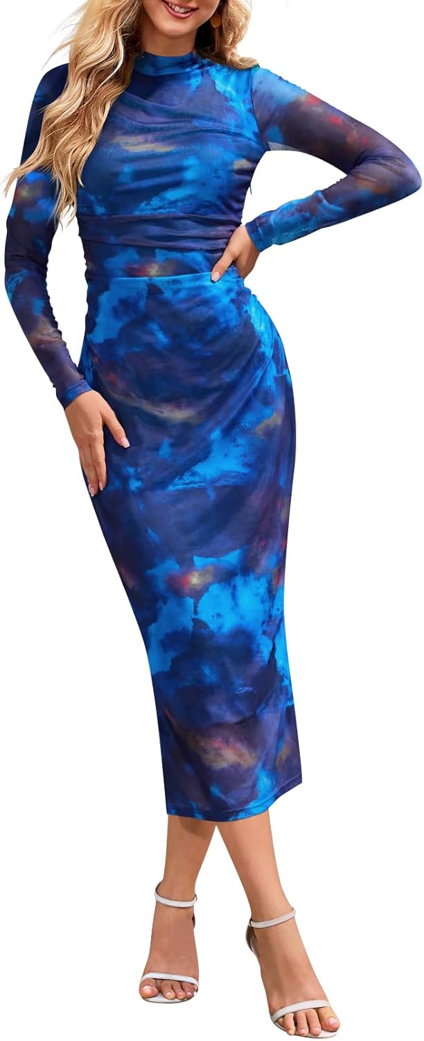 MEROKEETY 2024 Tie Dye Mesh Bodycon Maxi Dress