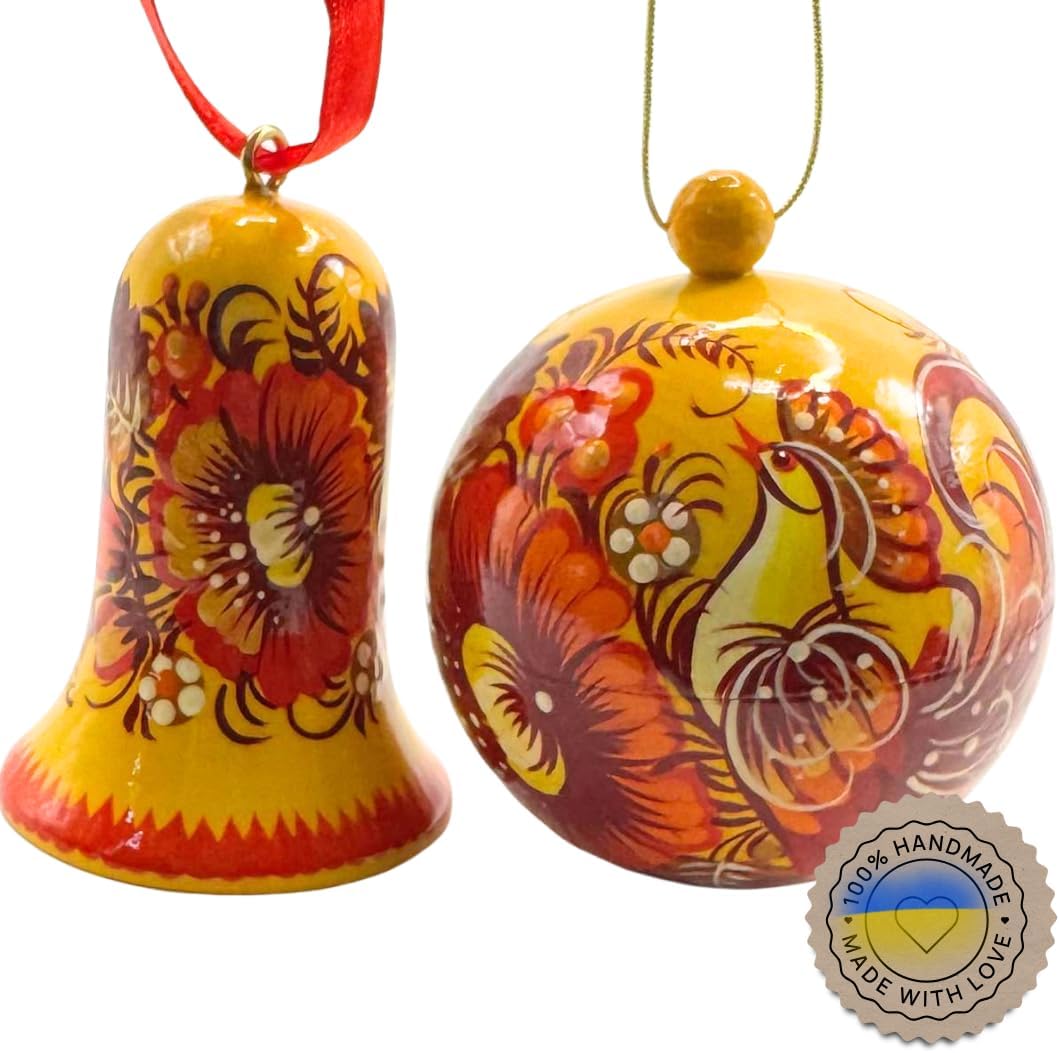 Hand-painted Christmas Ball and Bell Set - Ukrainian Folk Art