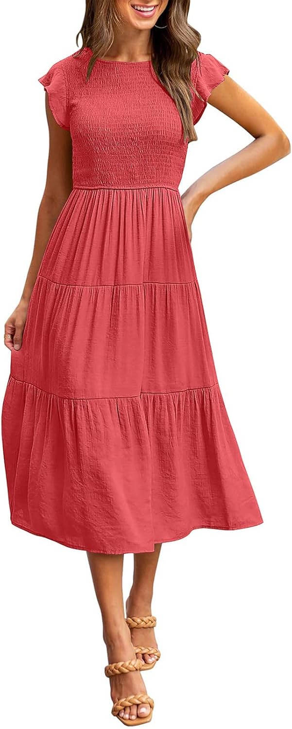 Flutter Short Sleeve Smocked Midi Dress for Summer Events
