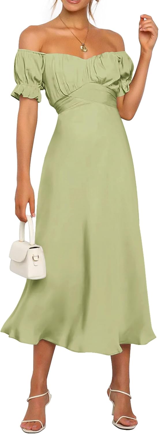 KIRUNDO Women's Satin Off Shoulder Midi Dress for Weddings