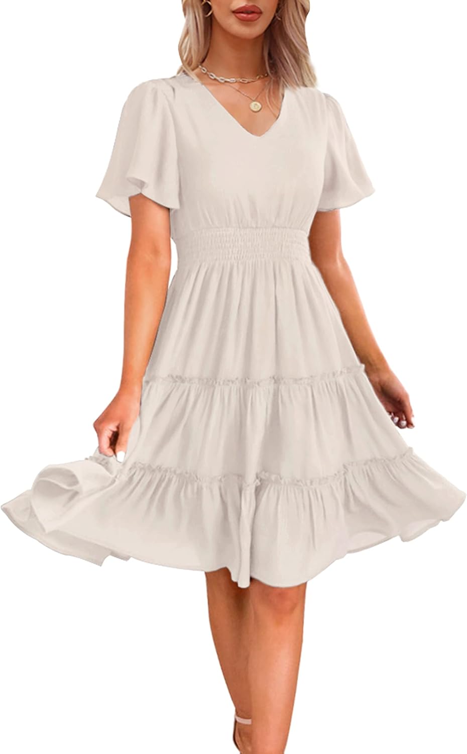 Zattcas Women 2025 Spring Summer Dress V Neck Smocked Waist