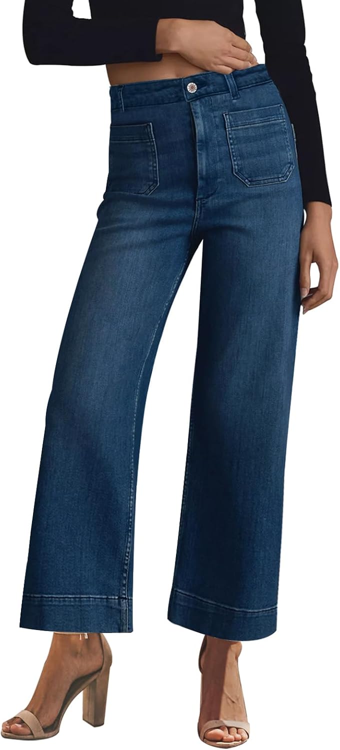 KUNMI Women's High Waisted Wide Leg Stretchy Denim Pants