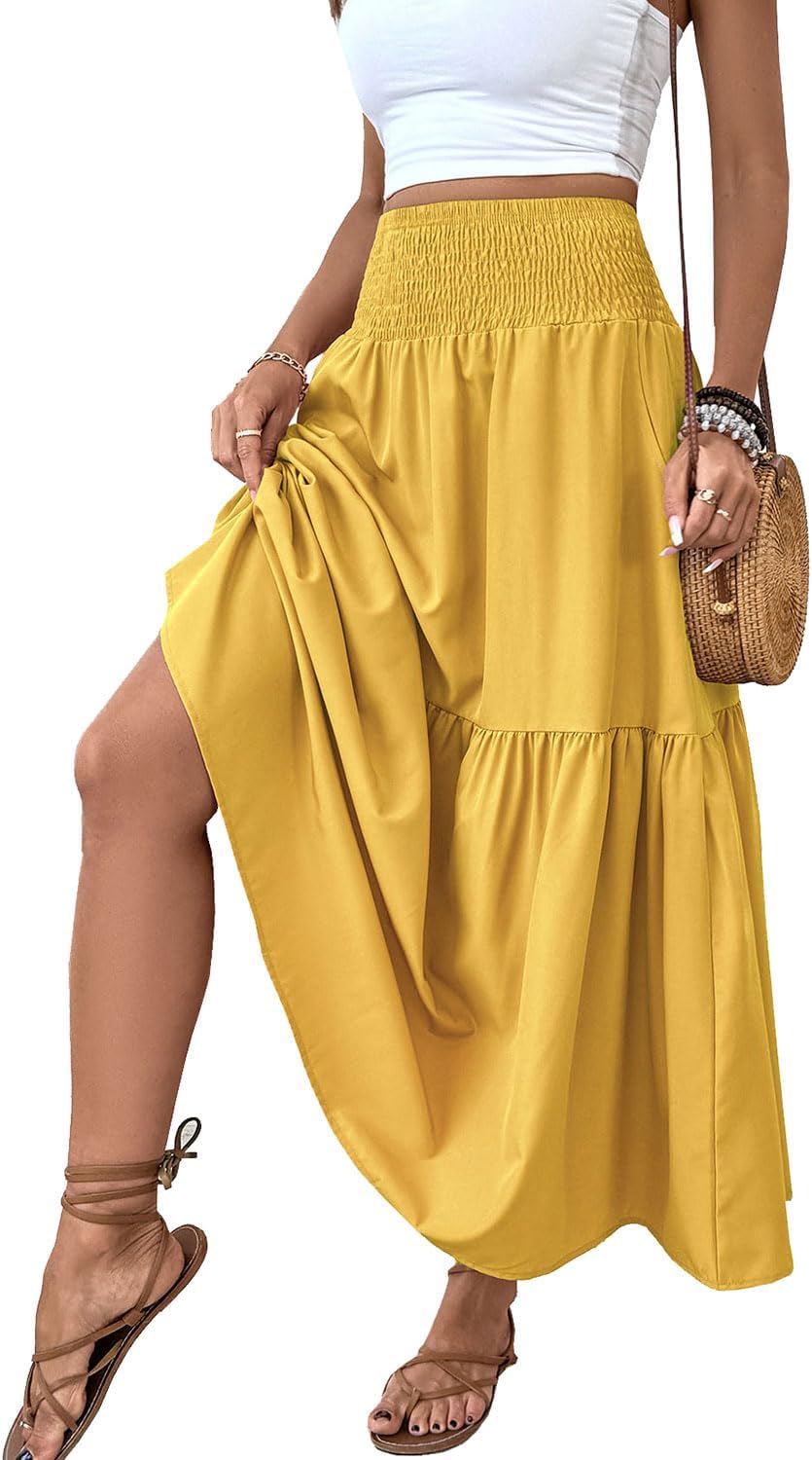 Women's Smocked High Waist Maxi Skirt with Pockets for Style
