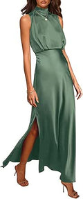 Women's Long Satin Formal Dress Mock Neck Sleeveless Maxi - Flowy