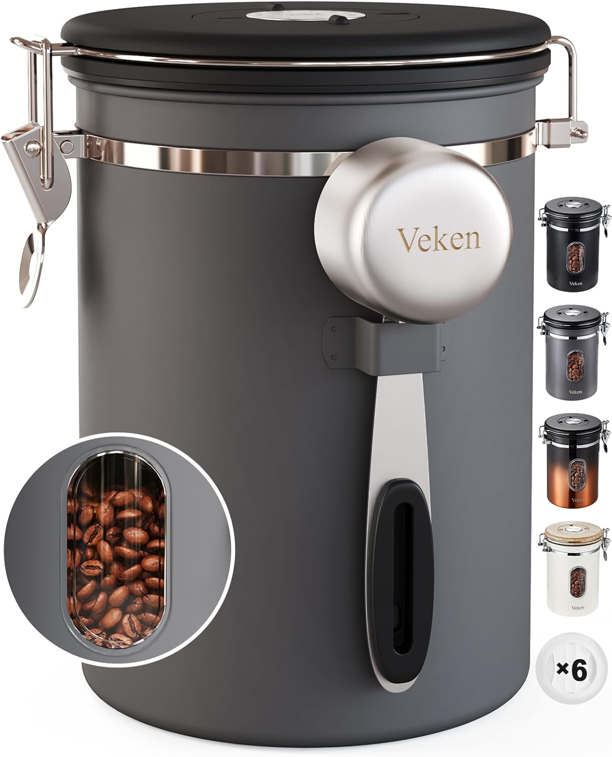 Veken Airtight Coffee Canister, Stainless Steel, Date Tracker & Scoop, 22OZ