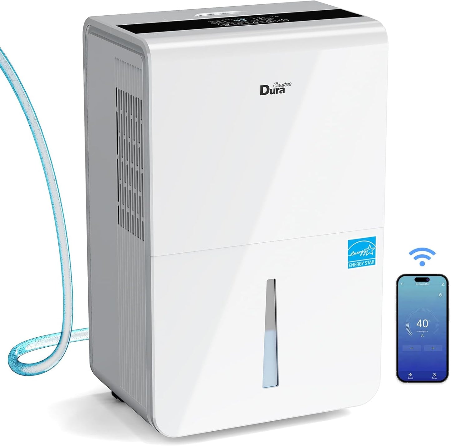 Energy Star Dehumidifier for 4500 Sq.Ft Basements, 70 Pints/day, Pump & Drain Hose, White - DuraComfort